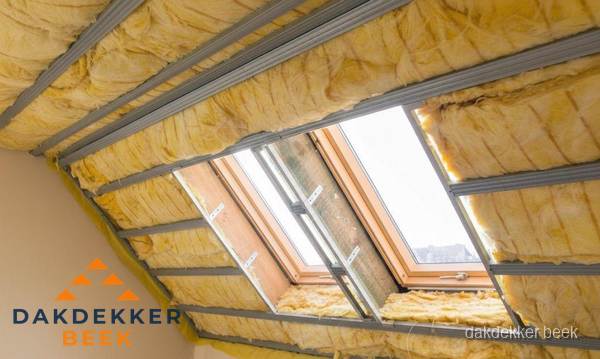 Schuin dak isoleren met glaswol bij dakraam in Beek Schuin dak isoleren met glaswol bij dakraam in Beek